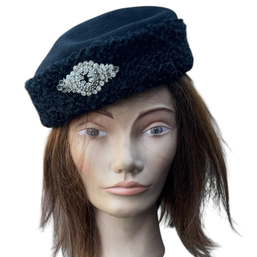 Vintage Black Pillbox Hat Rhinestone Brooch Faux Persian Lamb Trim Mid Century